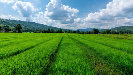Fototapeta premium A lush rice paddy field with neat, under a bright, sunset sky, green rows stretching