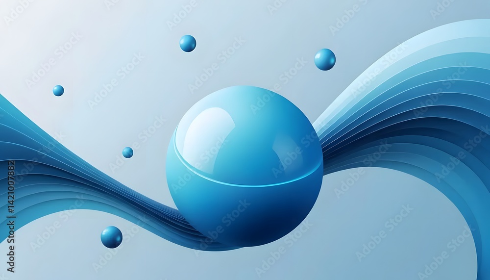 Poster serene blue sphere nestled in flowing ribbons, a calming abstract design with subtle shading and a s