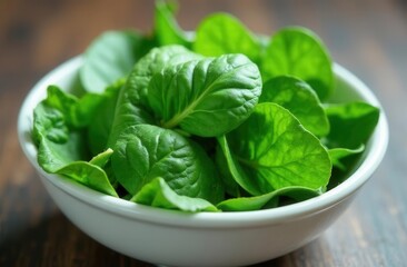 Fresh organic spinach in white bowl on wooden table