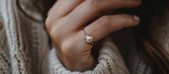 Elegant golden ring with pearl on a finger, detail shot, feminine aesthetic