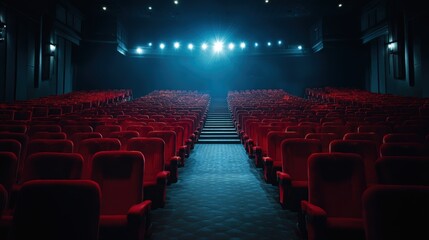 People in the cinema auditorium with Cinema blank wide screen and red chairs in the cinema hall,People silhouettes watching movie performance,empty white screen,space for text,copy space.