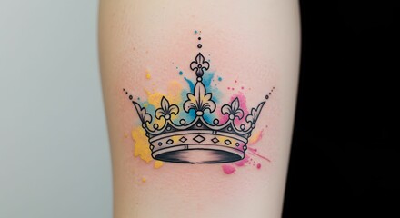 Crown Tattoo with Colorful Splatter on Skin Body Art Design