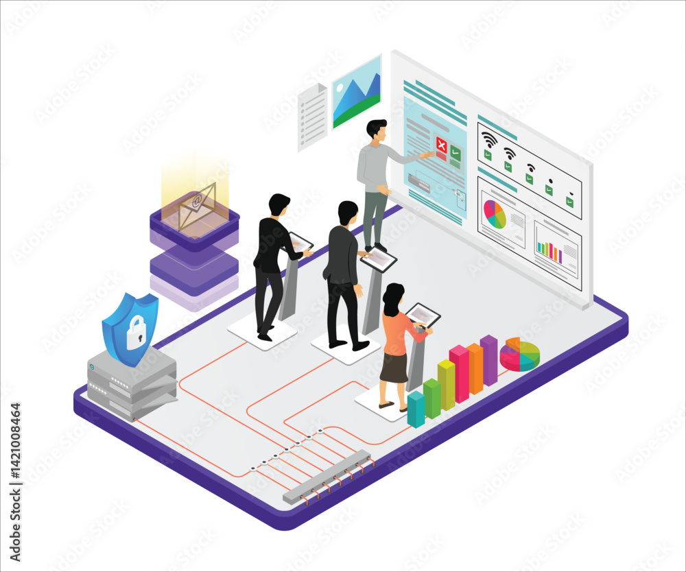 Poster digital enterprise team at work on a platform with security data analysis and connectivity