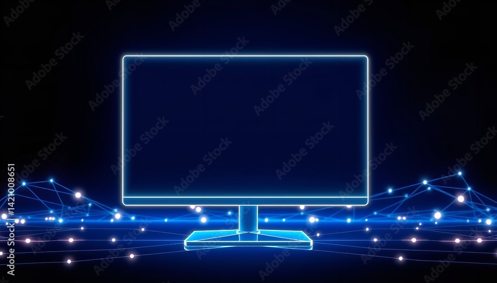 Poster modern blue neon computer screen digital network technology web data glow light cyber space future