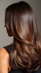 Naklejka premium Beautiful model girl with Brown hair strand,silky healthy chestnut wavy hair strand,hair wavy ribbon, with smooth,Keratin straightening,Treatment,straight long hair,procedures,Smooth hairstyle.
