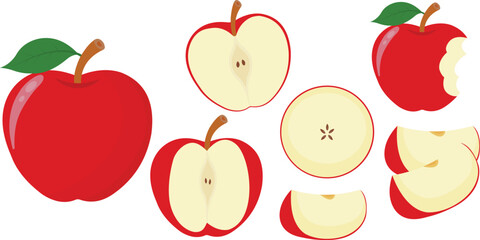 Best Apple set half, slice, bite and whole juicy fruit isolated on white background, vector illustration, Best collection of various apple illustration icons, Apple set in different conditions, EPS10.