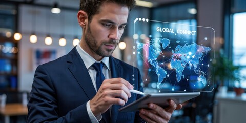 Businessman examines global connection technology on tablet.