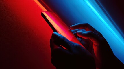 Close up Young man's hand holding mobile phone with empty screen against neon purple blue background,Male hand with smartphone. Blank white screen. Mock-up Red and blue neon light in dark black room.
