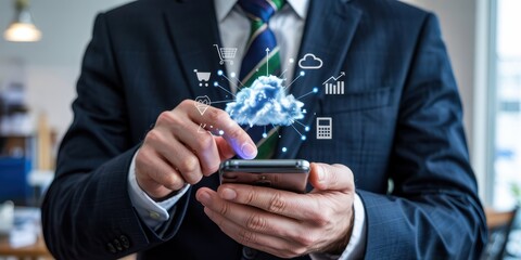 Businessman interacts with cloud computing data on smartphone.