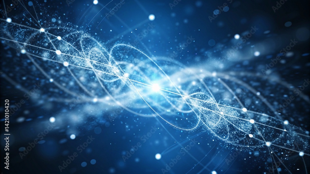 Poster Blue background, digital signature with wave particles, sparkle, veil and space with depth of field. The particles are white light lines, futuristic energy motion, glowing abstract elements