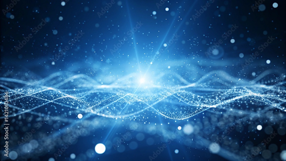 Poster Blue background, digital signature with wave particles, sparkle, veil and space with depth of field. The particles are white light lines, futuristic energy motion, glowing abstract elements