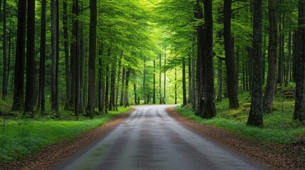 Fototapeta premium Enchanting pathway through vibrant green forest after the gentle rain, serene nature