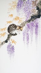 A cat resting on a branch surrounded by wisteria flowers
