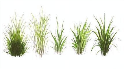 Collection of Five Diverse Grass Tuft  3D Renderings, Isolated on White Background for Digital Design Projects