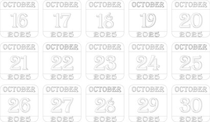October calendar 2025 line art icon set.Calendar Event schedule date.calendar date icon on white background.Agenda plan, october month schedule calendar and Time planner.Meeting appointment time.