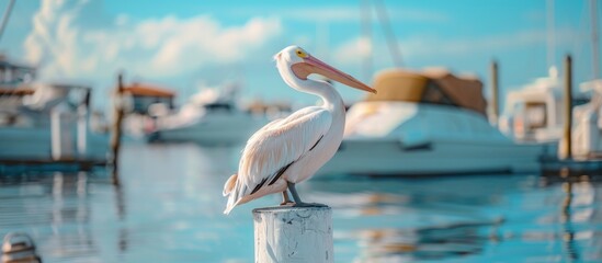 Graceful pelican perches on a dock post, with yachts blurred in the background