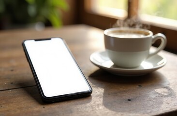 Smartphone and steaming coffee cup on wooden table in natural light