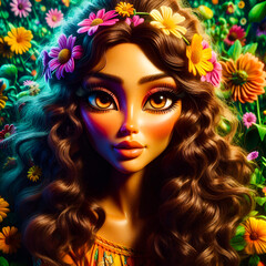 Fototapeta premium A woman's face, a closeup of beauty with red lips and glamorous makeup, showcases long hair styled with a flower, highlighting her eye and artistic fashion