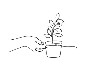 Continuous Line Drawing Hand Holding Potted Plant Minimalist Vector Illustration
