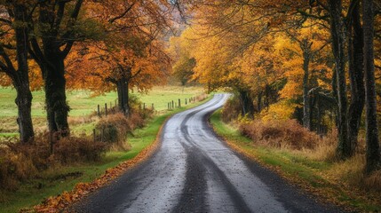 Scenic autumn road winding through a vibrant tunnel of trees with colorful foliage