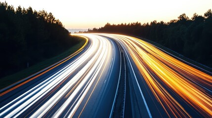 Light Trails on a Curved Highway at Dusk with Natural Background