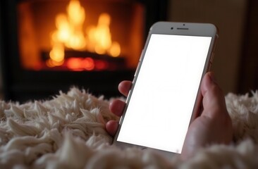 Cozy evening - hand holding smartphone by fireplace with fluffy rug comfort