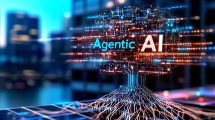 Futuristic AI concept with digital elements. Agentic AI