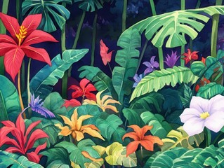 Vivid Jungle Bloom A lush watercolor of tropical foliage  flowers in vibrant hues