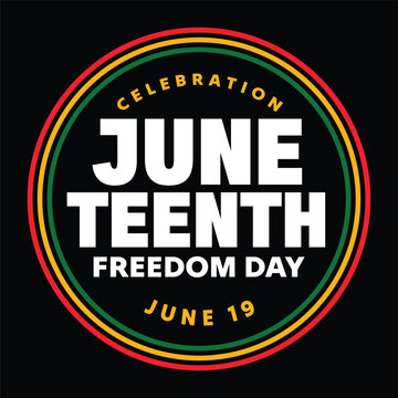 Juneteenth Freedom Day typography banner with African flag color red, yellow, green circle on black background. African American black people cultural holiday celebrates on June 19. Poster, banner