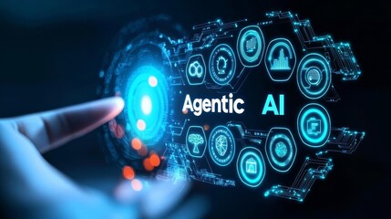 Fototapeta premium Futuristic AI interface with digital hand. Agentic AI