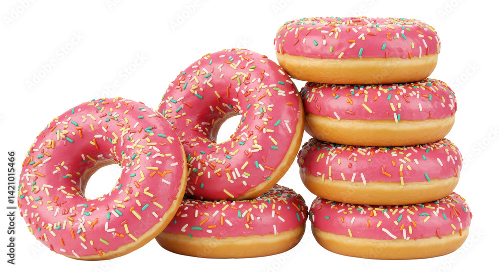 Poster a stack of pink frosted donuts with colorful sprinkles on a black background close up view