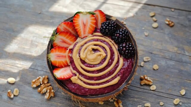 Healthy breakfast bowl with berries, granola, and nuts