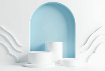 Minimalist White Podiums with Blue Arch Backdrop