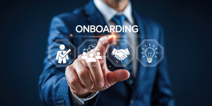 Business professional interacting with onboarding digital interface.