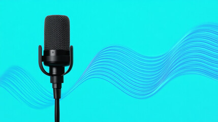 Fototapeta premium A black studio microphone with a textured metal body and attached pop filter, framed by a glowing blue soundwave pulsing through a vibrant blue-to-cyan gradient background. Generative AI