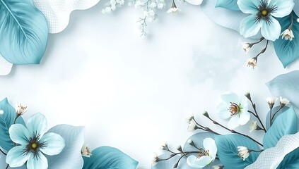 Floral abstract frame with soft textures and delicate flowers in blue-green tones


