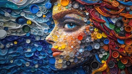 Fototapeta premium Recycled Plastic Portrait: A Colorful Ocean Muse