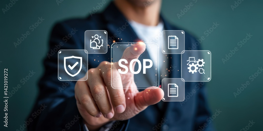 Poster businessperson's finger points at a standard operating procedure interface.