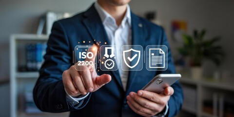 Businessperson interacting with iso 22000 quality assurance icons.