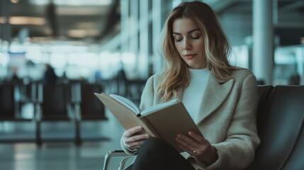 Woman Reading in Airport Lounge