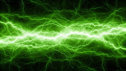 Fototapeta premium Green power lightning bolt, plasma and electric power background, energy burst, futuristic electricity effect, glowing thunder, abstract spark, high voltage visual, dynamic electric surge