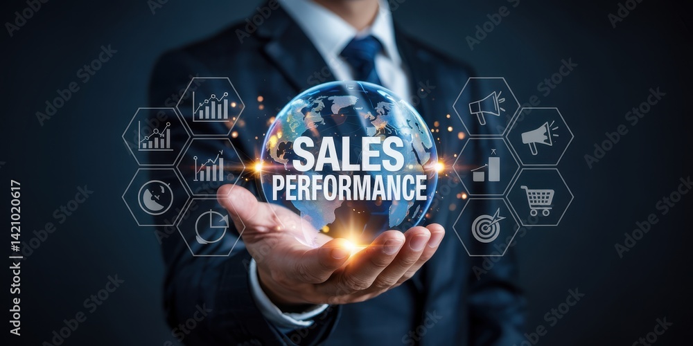 Poster global sales performance metrics displayed in a businessman's hand.