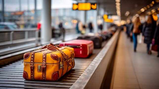 Luggage on a baggage carousel at an airport, awaiting retrieval. Focus on a vintage suitcase