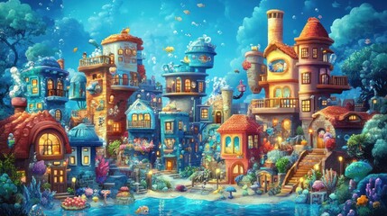 Fototapeta premium Enchanted Underwater Village: A whimsical fantasy town nestled beneath the waves, filled with charming houses, vibrant coral, and playful fish.