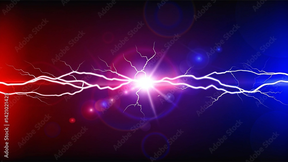 Poster lightning collision red and blue background, versus banner. powerful colored lightnings and the flas