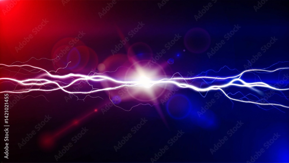 Poster lightning collision red and blue background, versus banner. powerful colored lightnings and the flas