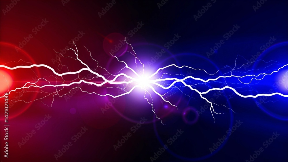 Poster lightning collision red and blue background, versus banner. powerful colored lightnings and the flas
