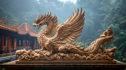 Detailed Wooden Dragon Statue at Asian Temple