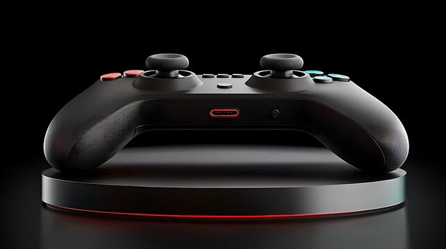A sleek, black gamepad sits on a glowing platform against a dark backdrop