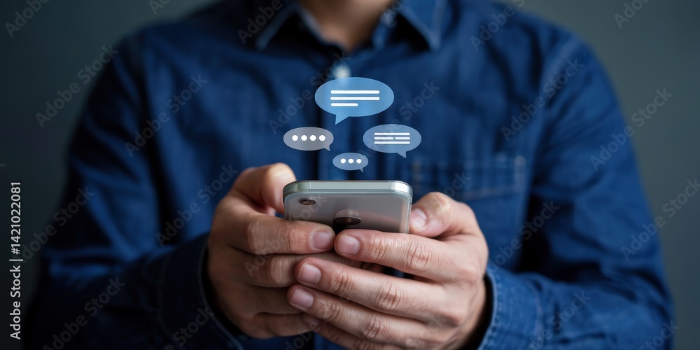 Poster mobile communication, showing messages displayed on a smartphone.
